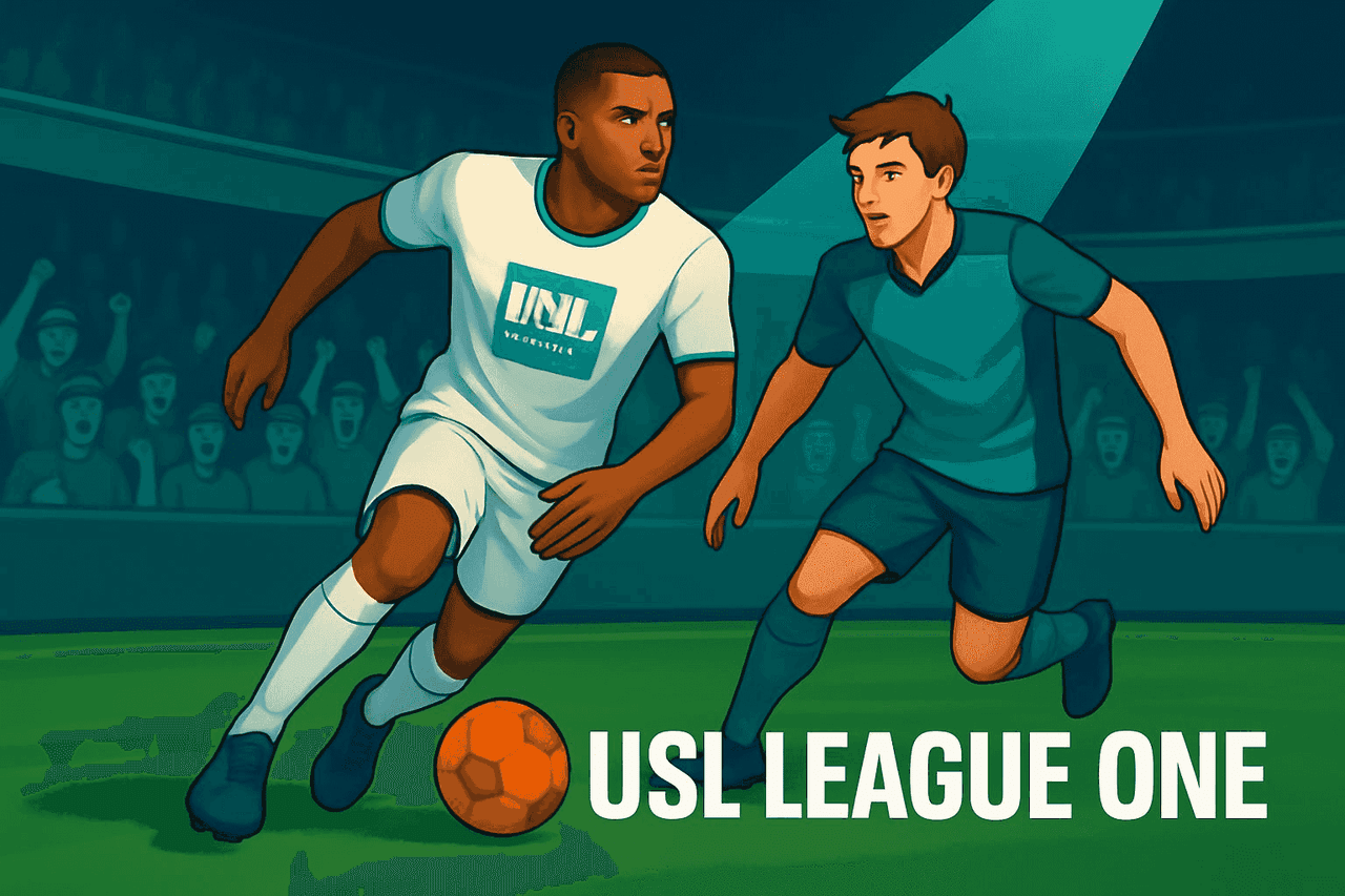 A USL League One player is about to kick the ball to score at a live sports event