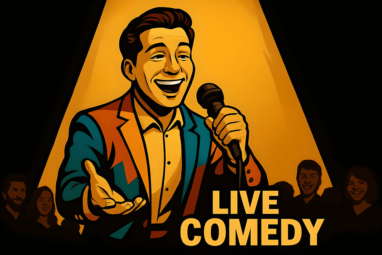 A male comedian wearing a brown long sleeves, holding a mic, while performing a comedy skit