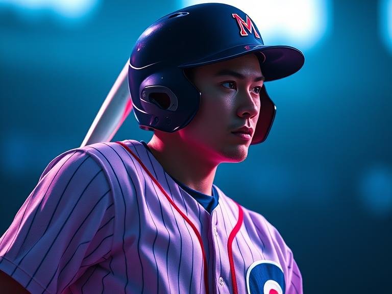 Baseball player swinging a bat at pitch in the stadium. Dark background.