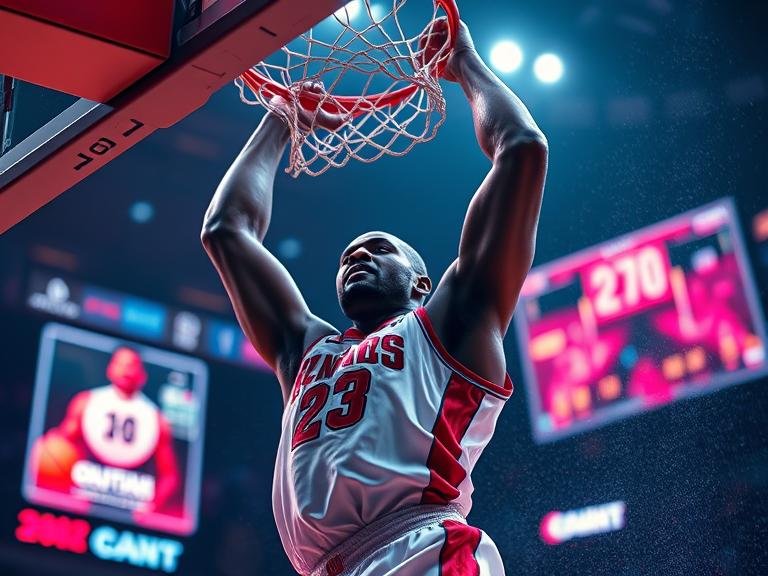 A basketball player about to slam dunk under the court lights.