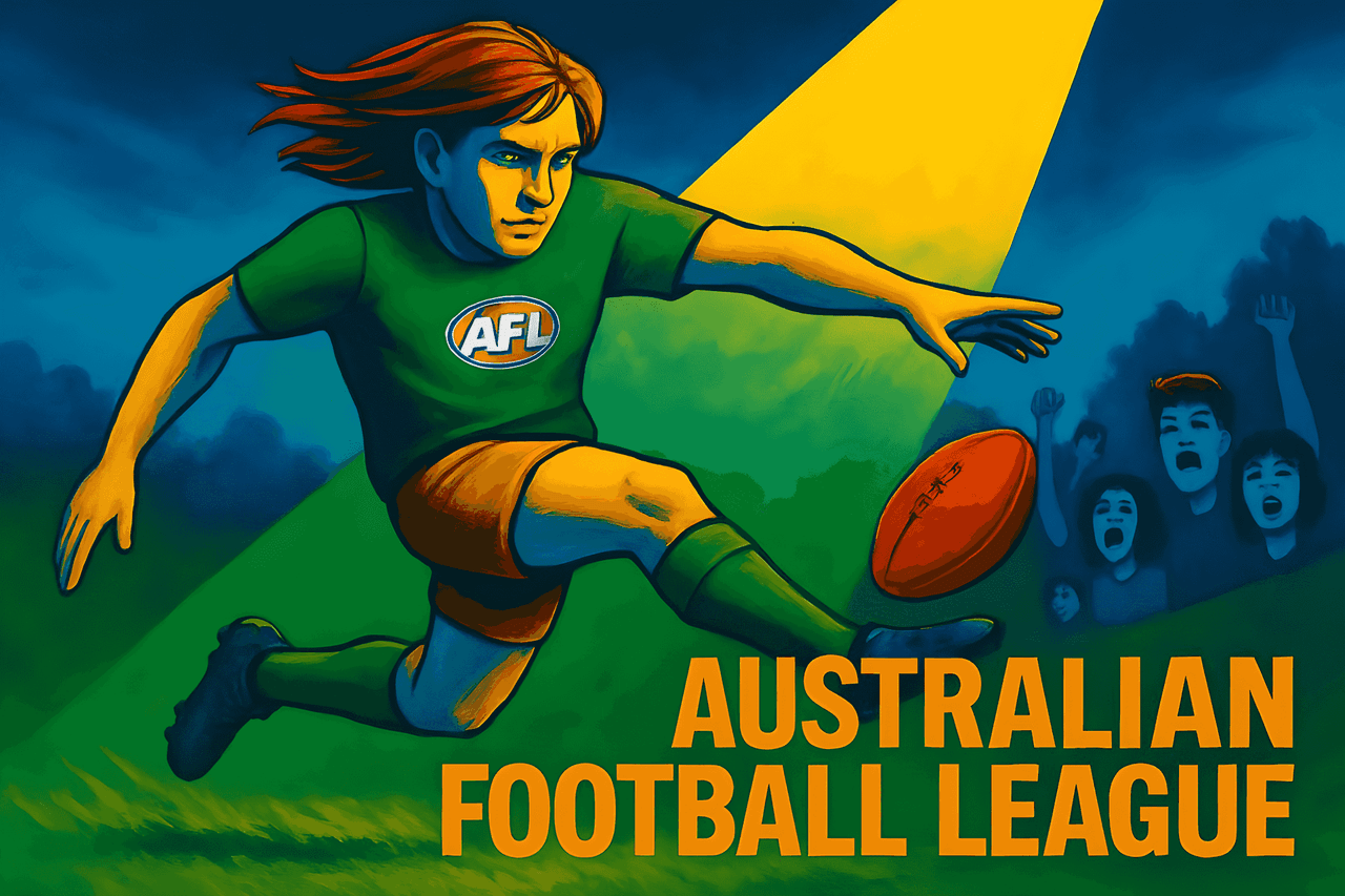 A crowd gathers at an Australian Football League stadium for a football game sports event.