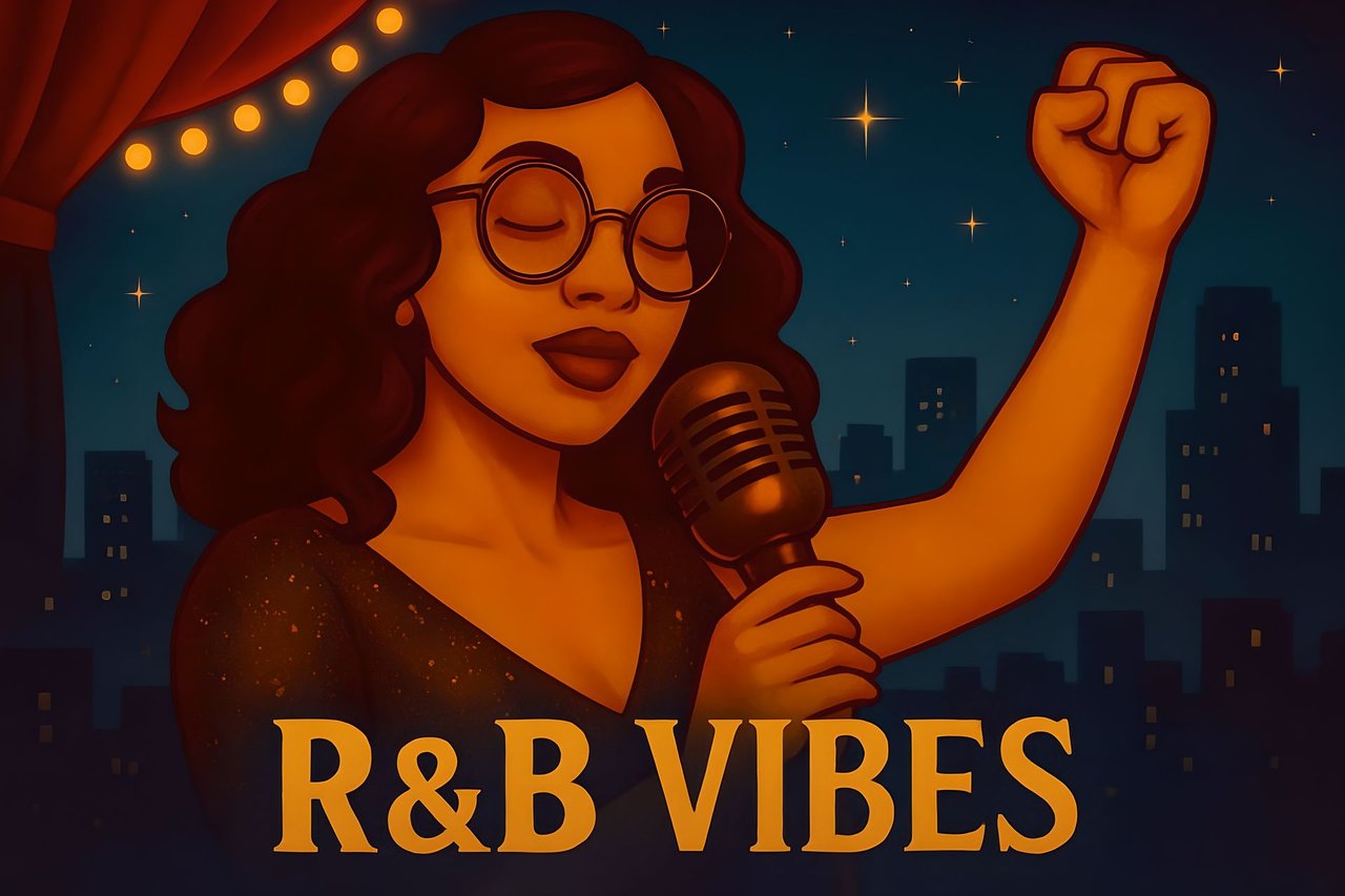A female singer with curly hair sings in front of a mic